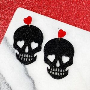 NEW Prep Obsessed Glitter Heart Skull Dangle Earrings
